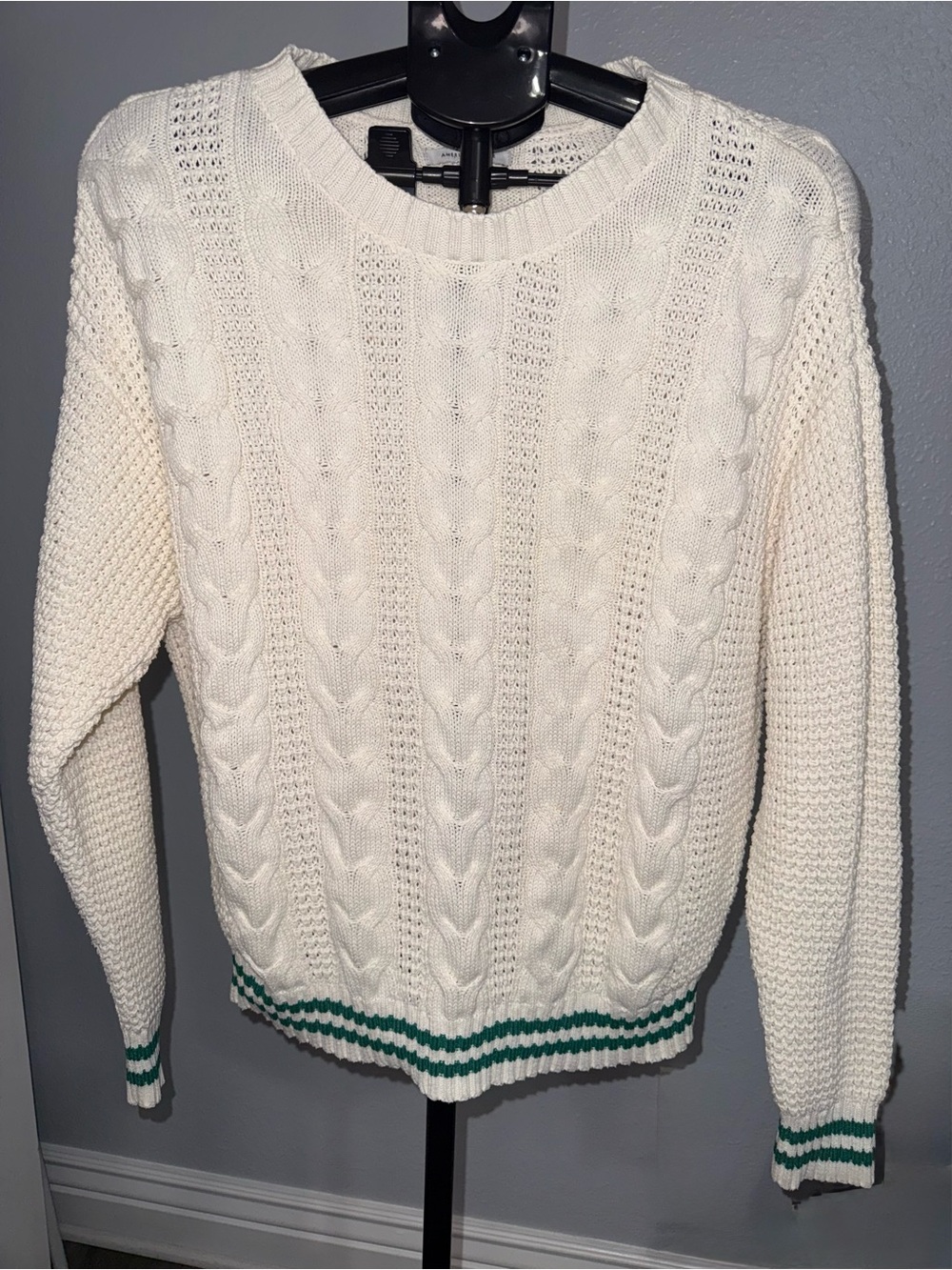 American Eagle Outfitters Cream Cable Knit Sweater with Green Stripes